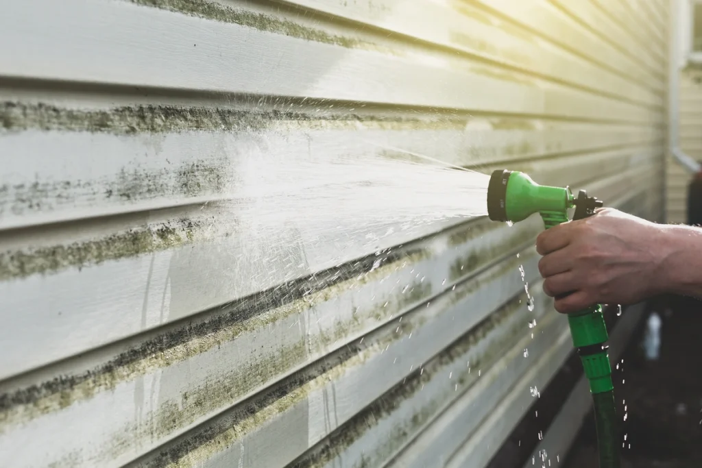 gently washing vinyl siding using a hose with a soft spray nozzle