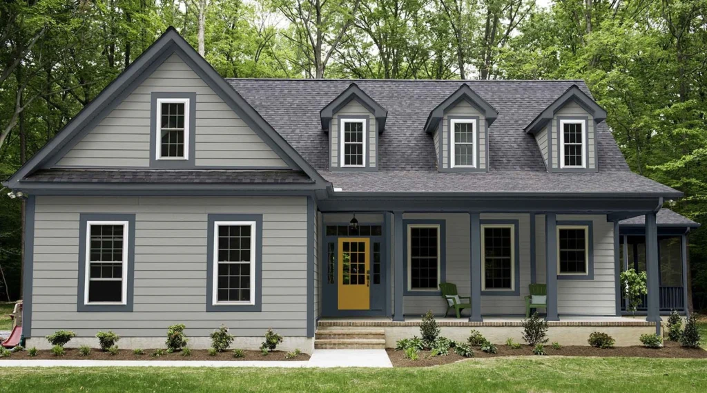 tan brown home with new siding and yellow door and front porch