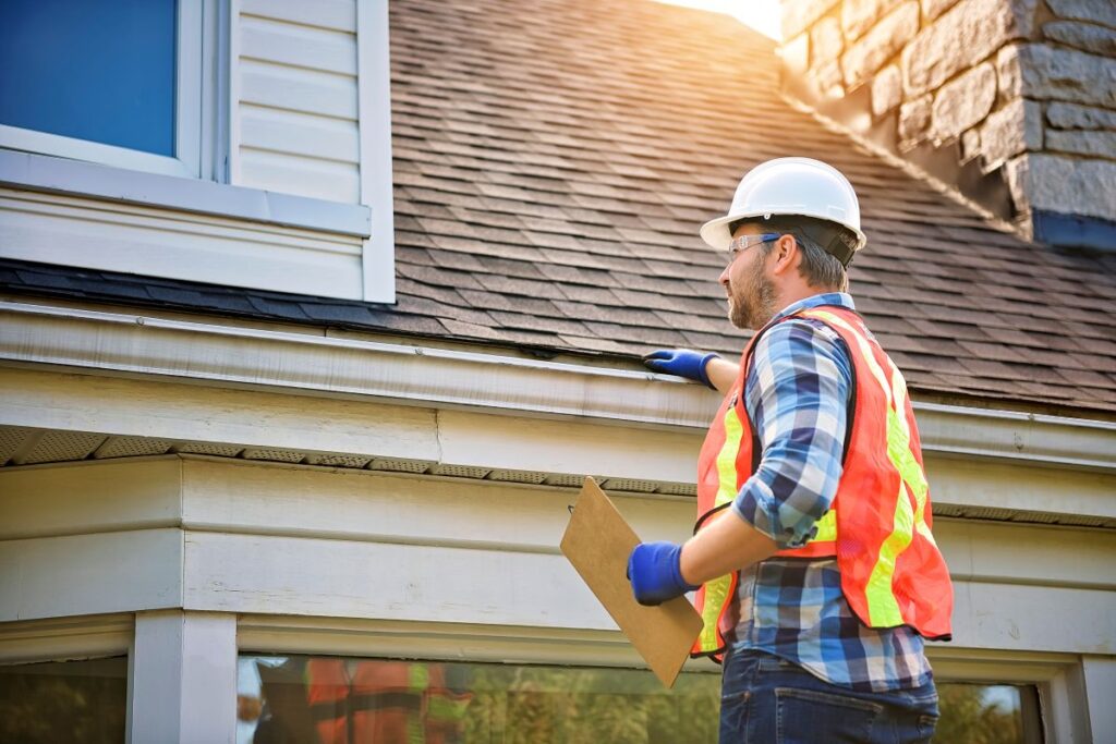 parts of a roof worker inspecting gutter