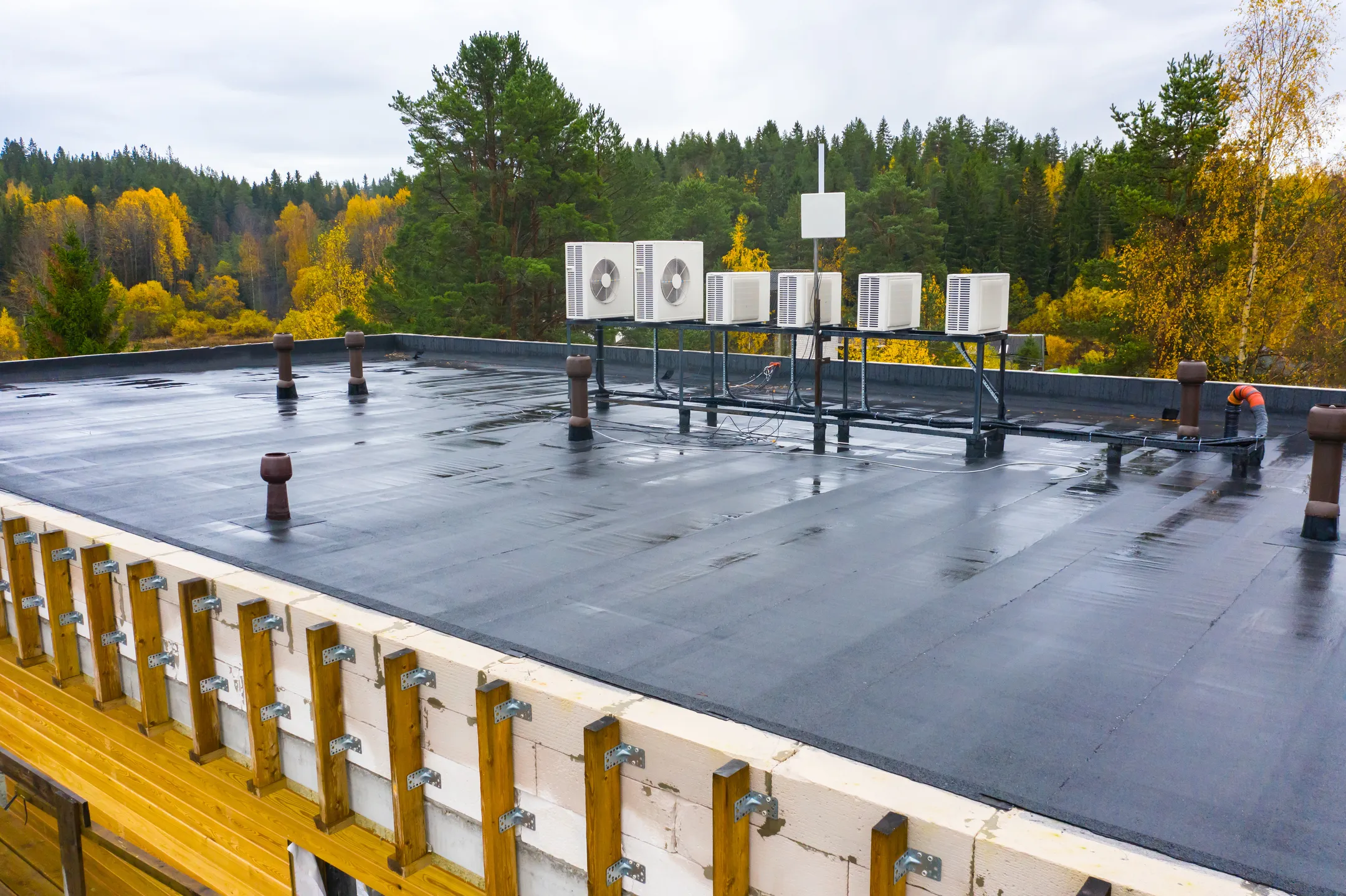 The flat roof, dotted with air conditioning units and chimneys, hints at a commercial roof replacement amidst its autumnal surroundings. Golden yellows and oranges of the trees contrast with the overcast sky behind.