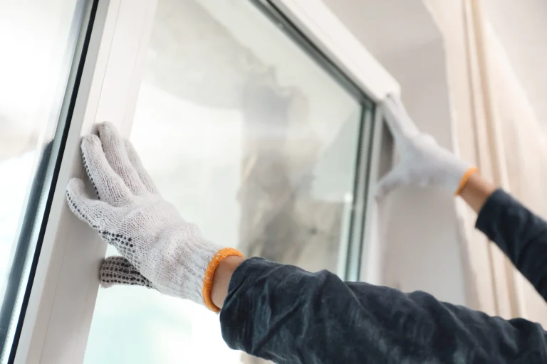 A person wearing white gloves expertly works on a window replacement, adjusting the frame. The image captures close-up hands pressing against the edges of a glass pane, with natural light illuminating the scene.