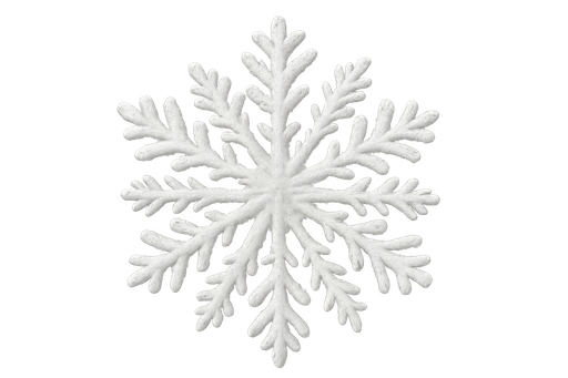 A detailed, white snowflake with six symmetrical branches on a plain, light gray background.