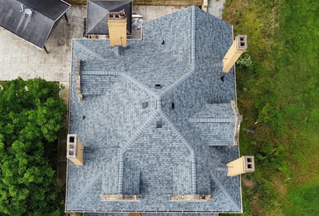 Aerial view of a grey shingle roof