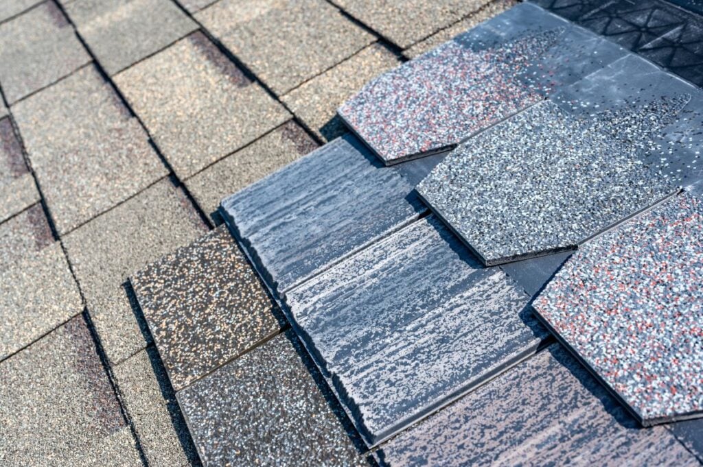 Assorted selection of premium synthetic roof shingles to pick a new style