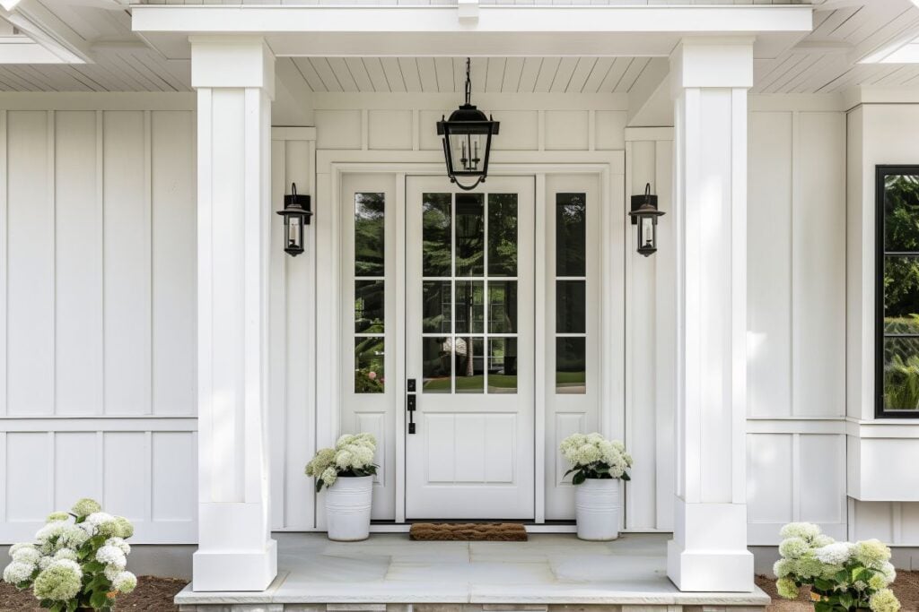 board and batten siding white front door small house