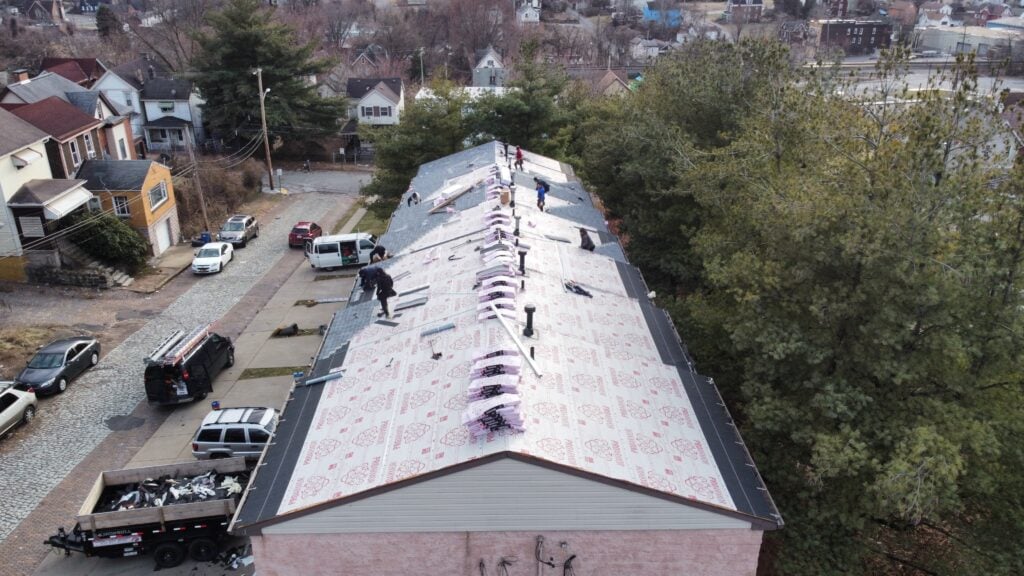 roof replacement timeline aerial view of roof replacement project