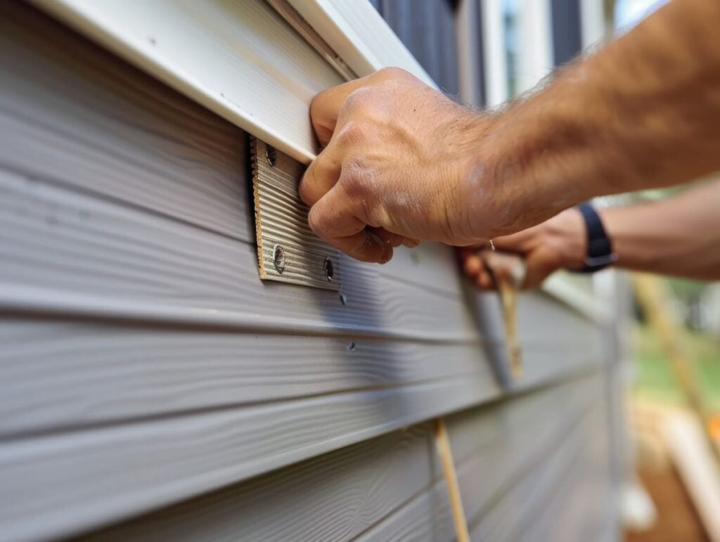 Close-up of hands installing siding on a house, showcasing craftsmanship and home improvement in progress