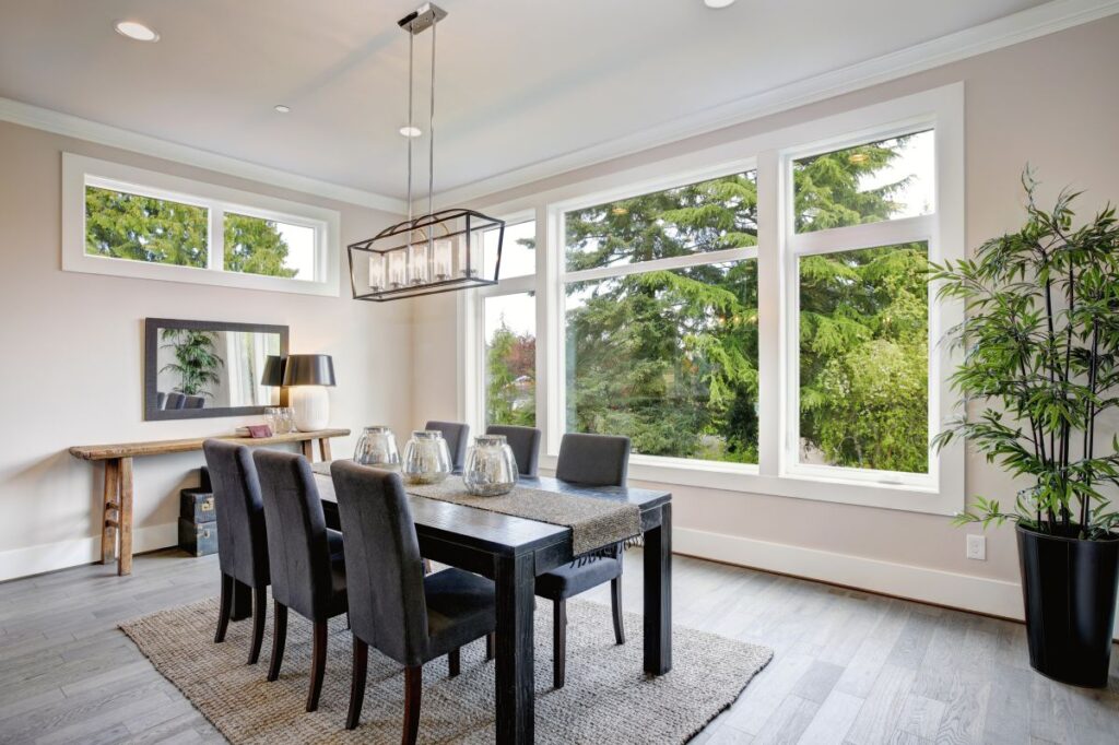 Luxurious modern dining room with a large picture window