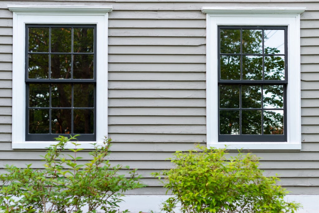 Two vintage identical double hung windows with trees reflecting on a beige color exterior wall